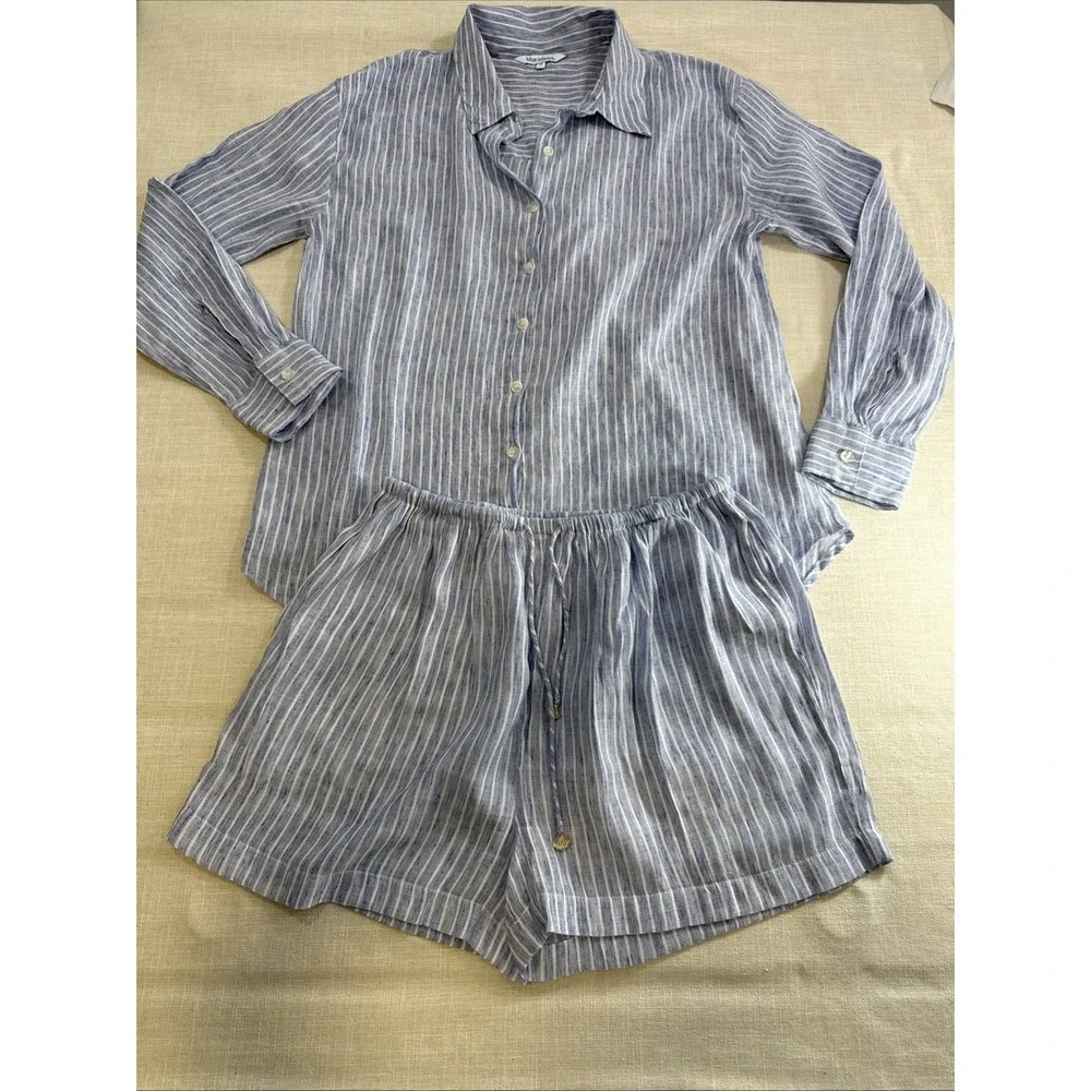 Blue Island Shirt Shorts Set M‎ Blue White Striped Rayon Coastal Minimalist Boho